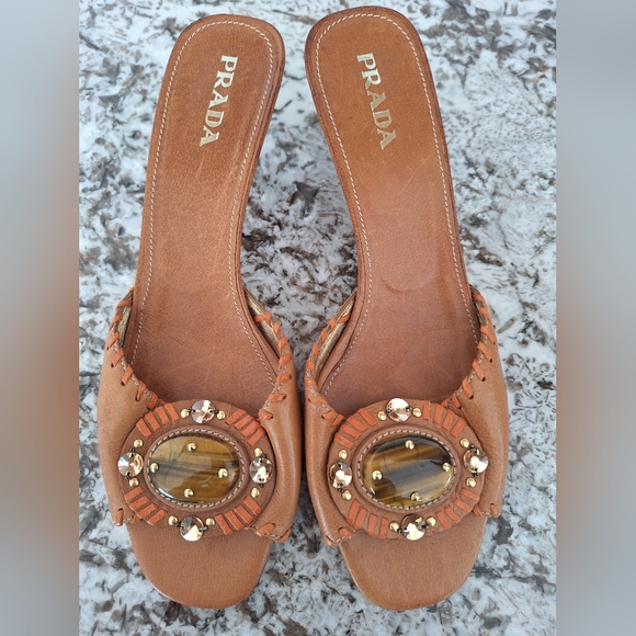 PRADA Brown 40/9.5 Leather Tiger Eye Stone Slide Sandals Kitten Heel Stitching - Picture 7 of 10